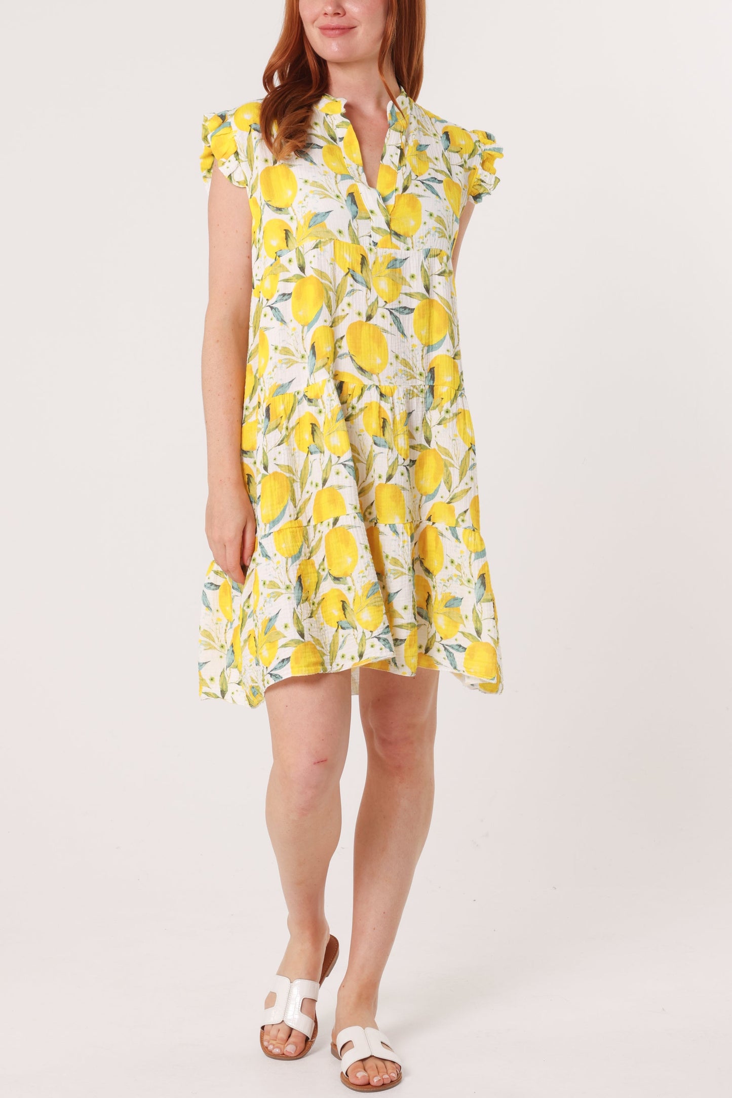 Lemon Print Frill Sleeve Mini Dress