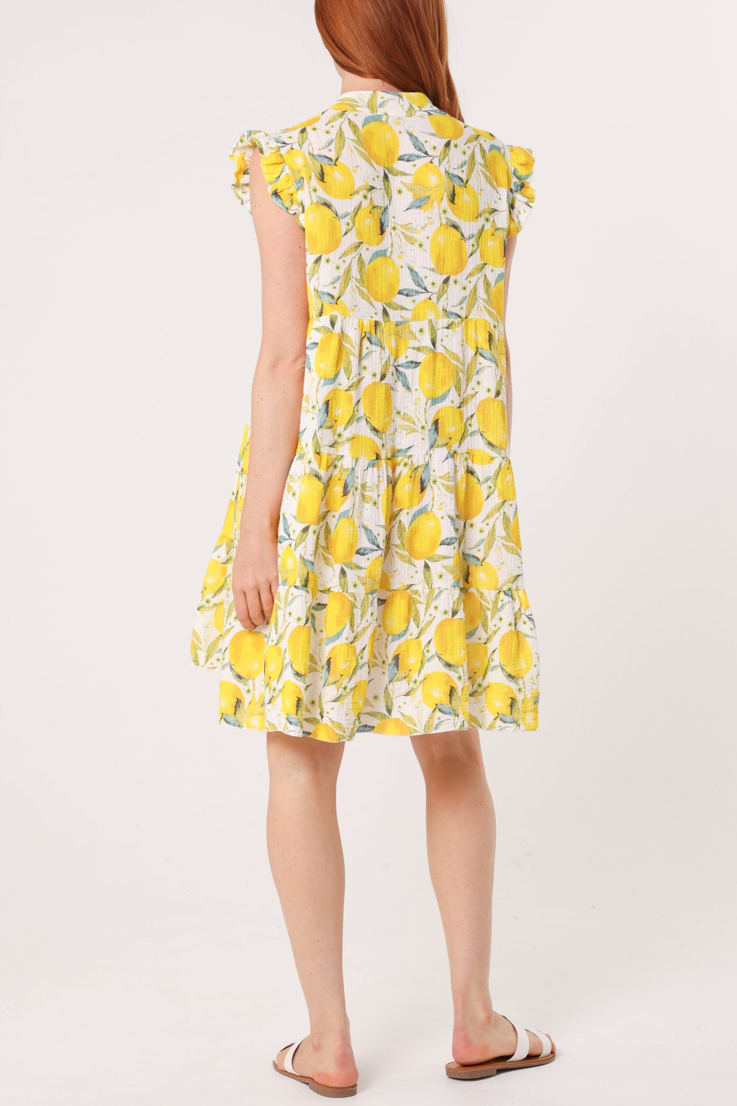 Lemon Print Frill Sleeve Mini Dress