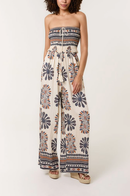 Printed  Shirred Bandeau Jumpsuit